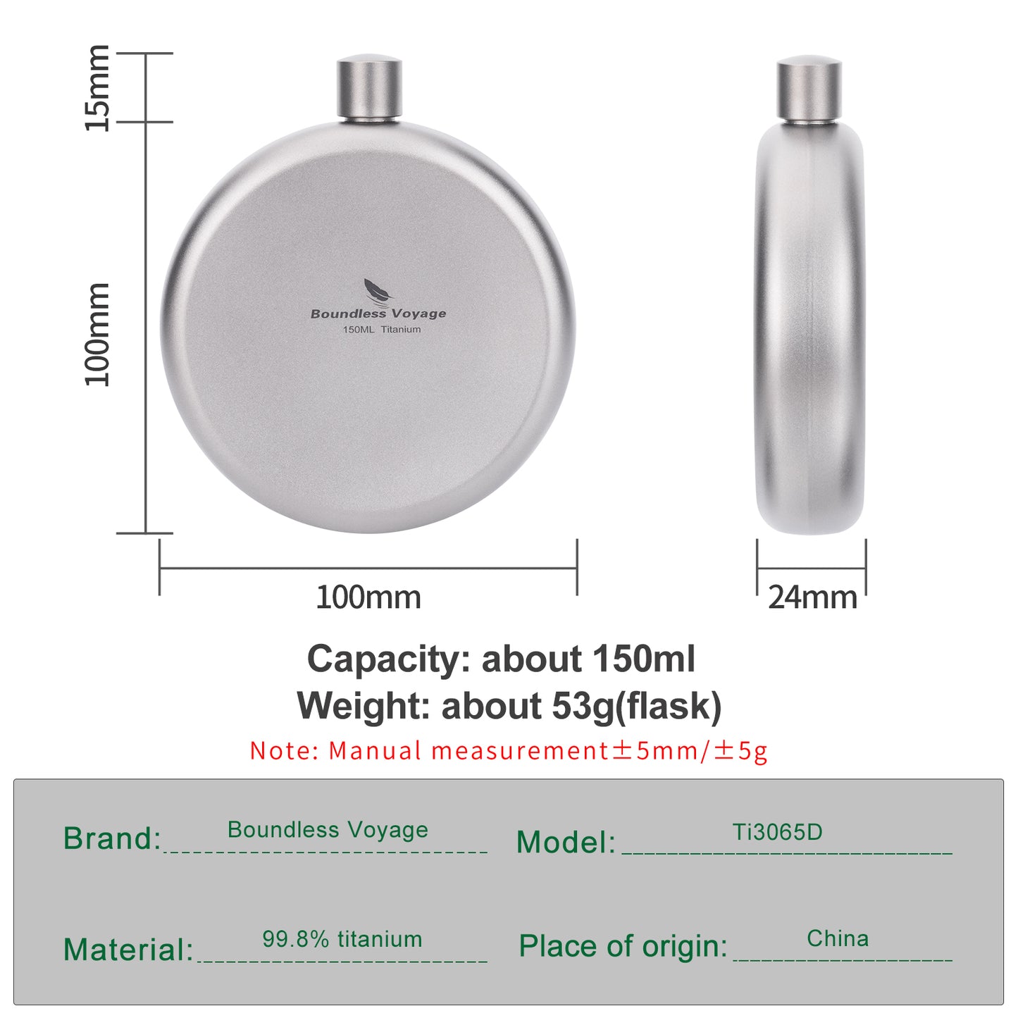 Boundless Voyage Titanium Ultralight Hip Flask 150ml Portable Wine Bottle with Funnel Camping Picnic Pocket Whiskey Alcohol Drinkware Accessories Ti3065D-Ti3066D