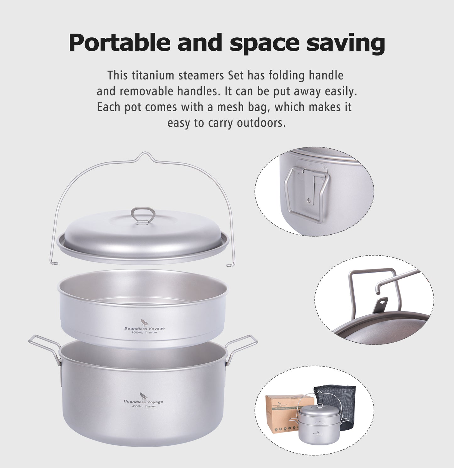 Boundless Voyage Titanium Food Steamer Pan & Stock Soup Pot, Portable Hanging Hot Pot Kitchenware for Outdoor Camping Picnic Travel Household Cooking Ti2112C- Ti2114C
