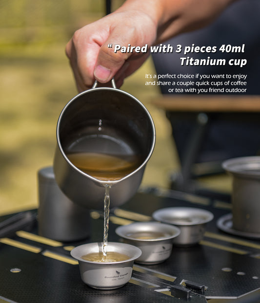 Boundless Voyage Pure Titanium Tea Mug Set, 500ml Cup with Lid, Scale & Strainer, Foldable Handle + Two 40ml Mini Teacups, Compact Camping Kit with Storage Bag Ti3126D