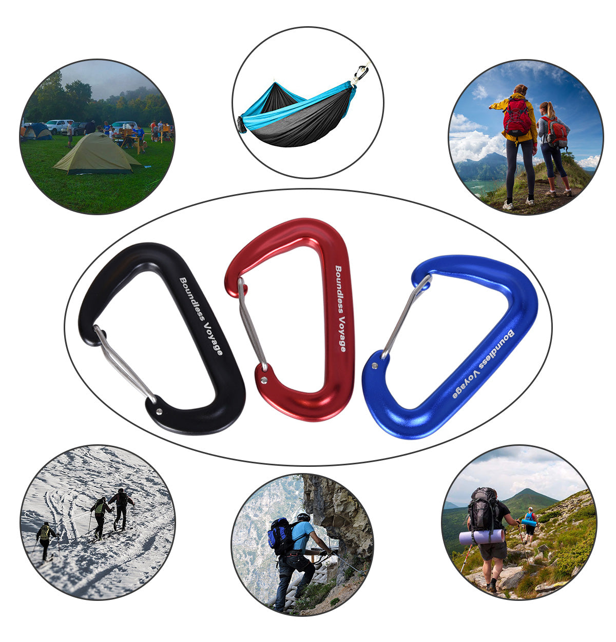 Boundless Voyage Aluminum‑Alloy Carabiners, 2Pcs /4Pcs /6Pcs Spring‑Loaded Utility Clips in Blue, Red, Black for Outdoor Camping, Keychains and Daily‑Use BV1026