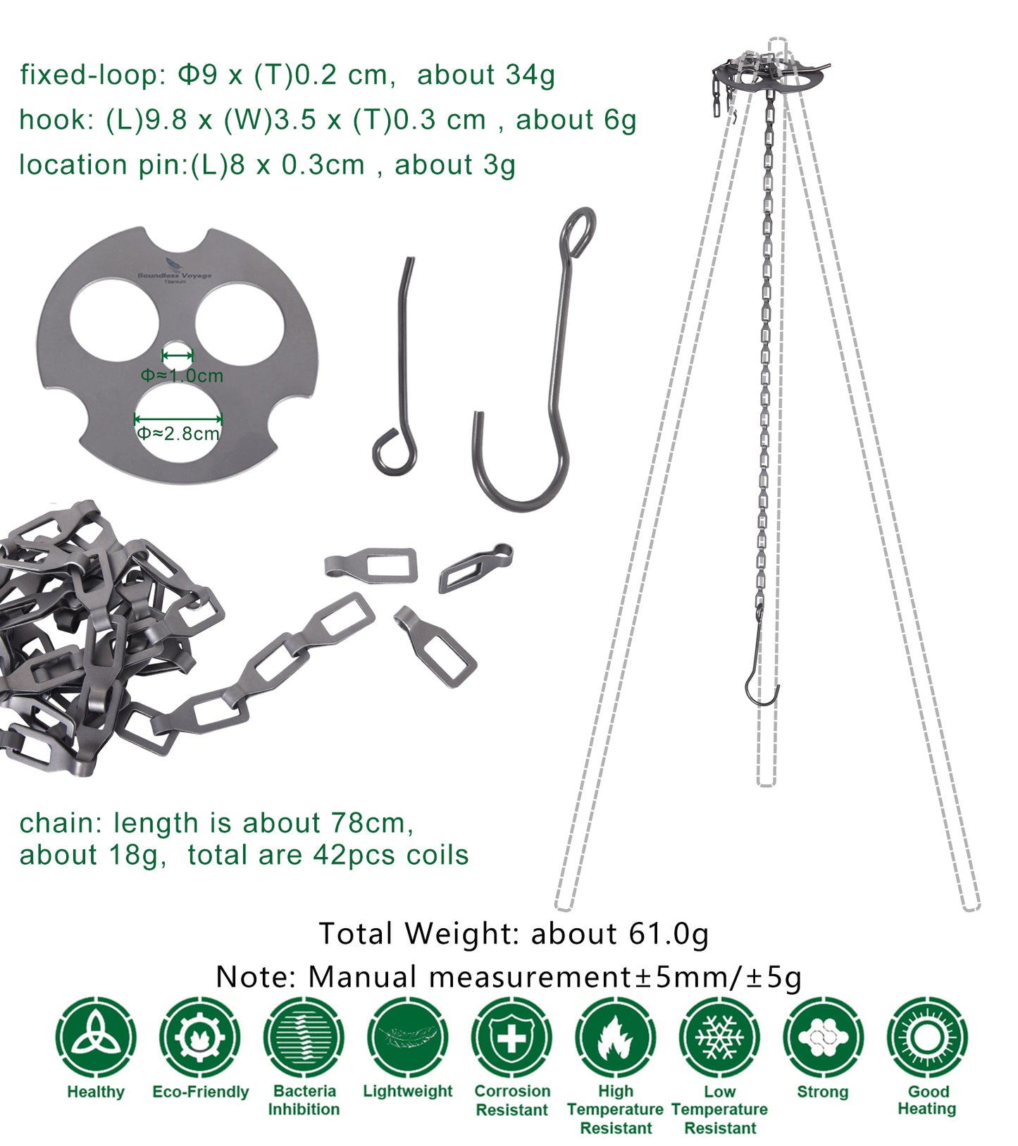 Boundless Voyage Titanium Hanging Chain with Hooks & Fixed-Loop, Multi-Purpose Hanging Accessory for Pot Cup Grill, Bird Feeders, Hanging Basket, Outdoor Camping & Indoor Garden Ti9012O