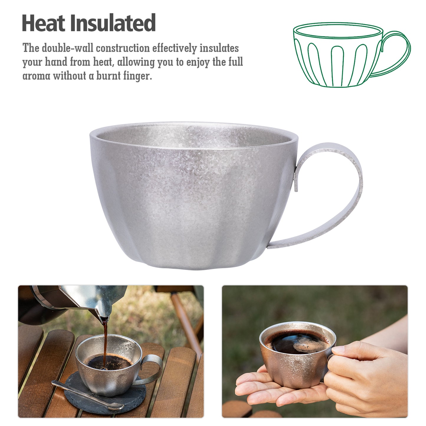 Boundless Voyage 120ml Titanium Espresso Cup, Double‑Wall Heat‑Insulated Coffee Mug with Fixed‑Handle, Compact Light‑Weight for Home, Office, Travel and Camping Ti3088D