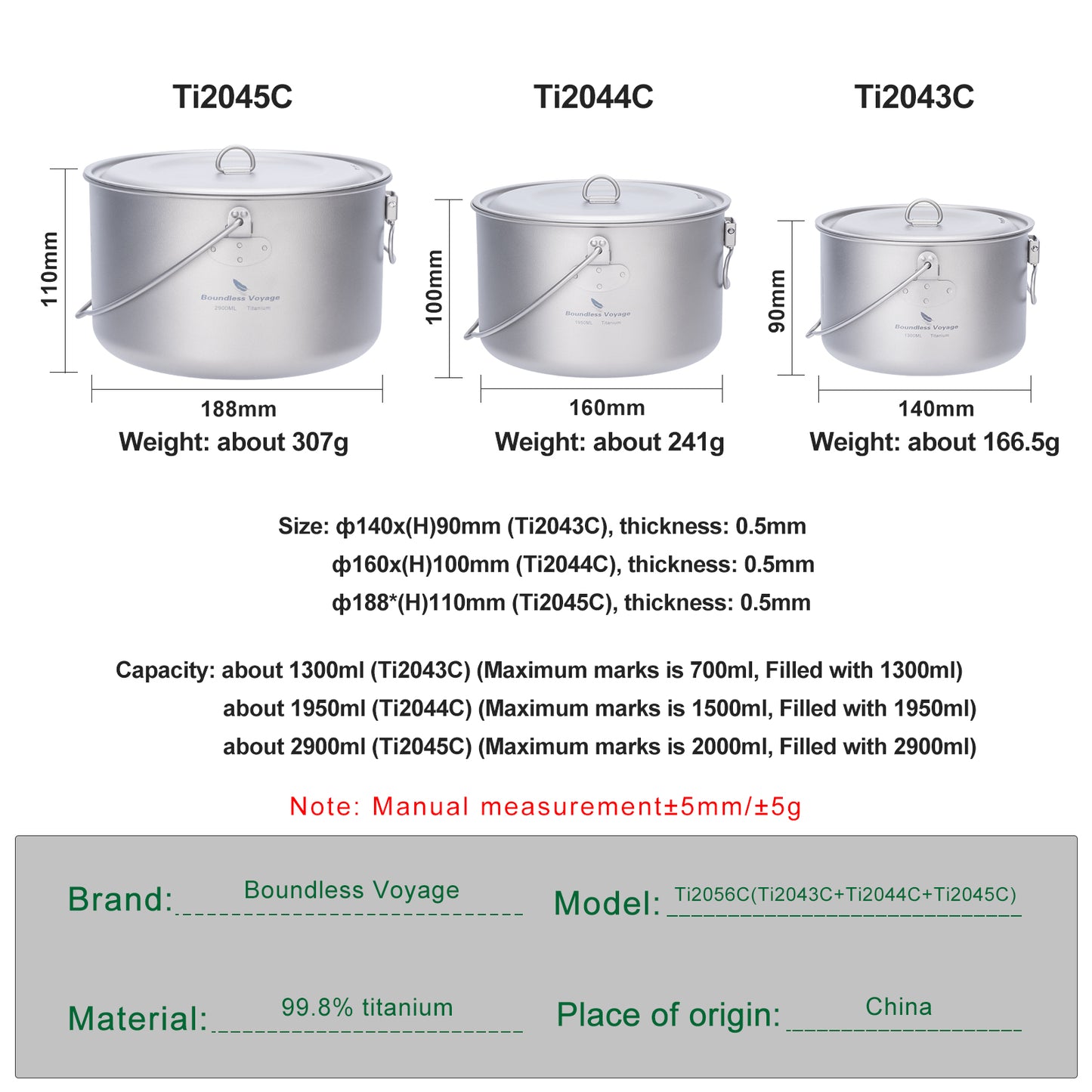 Boundless Voyage Titanium Hanging Pot for Outdoor Camping Backpacking Hiking Ultralight Portable Cooking Pot Camp Kitchen Cookware 1300ML/1950ML/2900ML Ti2043C-Ti2045C