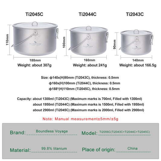 Boundless Voyage Titanium Hanging Pot for Outdoor Camping Backpacking Hiking Ultralight Portable Cooking Pot Camp Kitchen Cookware 1300ML/1950ML/2900ML Ti2043C-Ti2045C