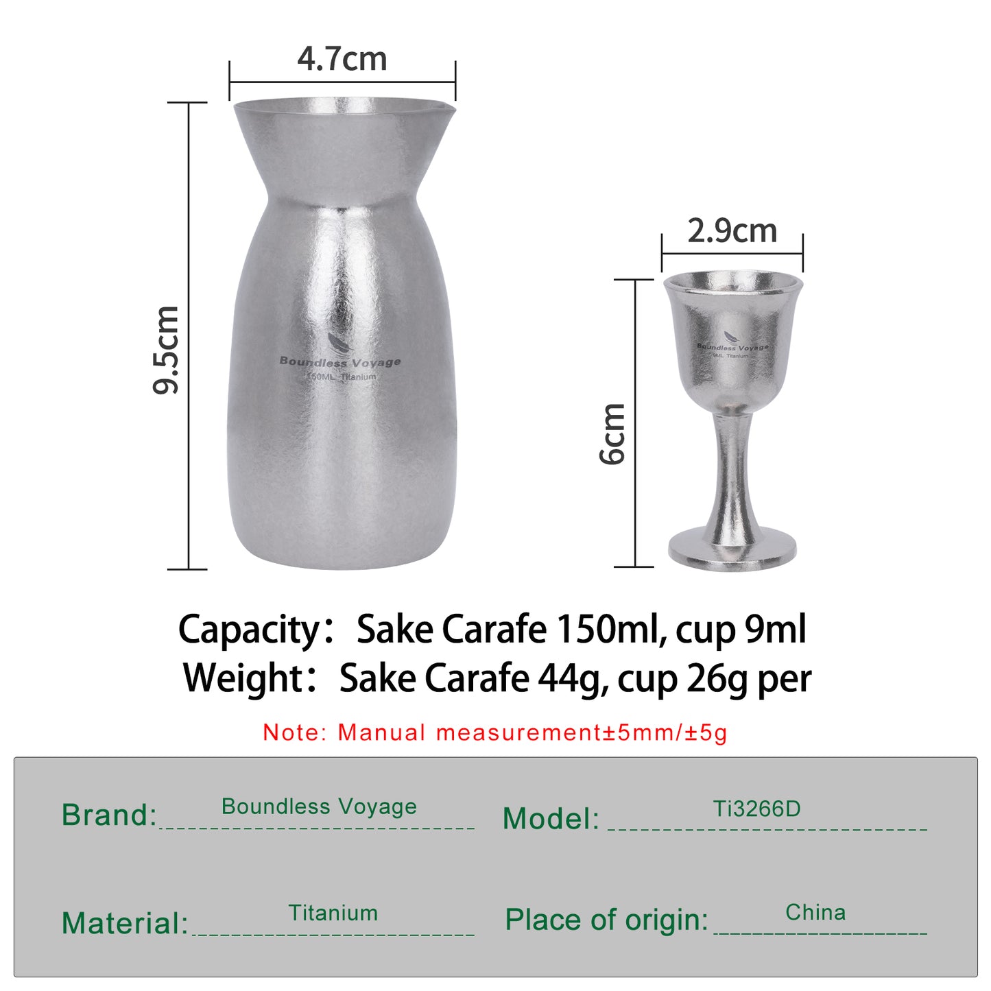 Boundless Voyage 3 Pieces Titanium Japanese Sake Set, 150ml Sake Carafe with 2  Cups, for for Sake Japanese Wine/Soju/Drink/Tea Dishwasher Safe Portable Drinkware for Outdoor Travel Ti3266D