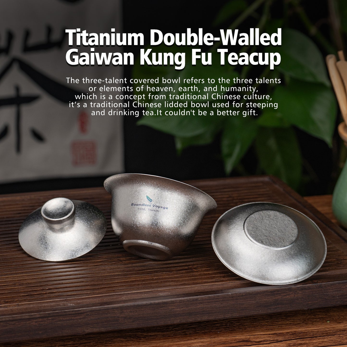 Boundless Voyage 130ml High-Temp Crystalline Finish Double Wall Titanium Gaiwan, Ultralight Three-Talent Kung Fu Tea Bowl, Anti-Scald Tea Set for Home Tea Ceremony & Camping Ti3144D