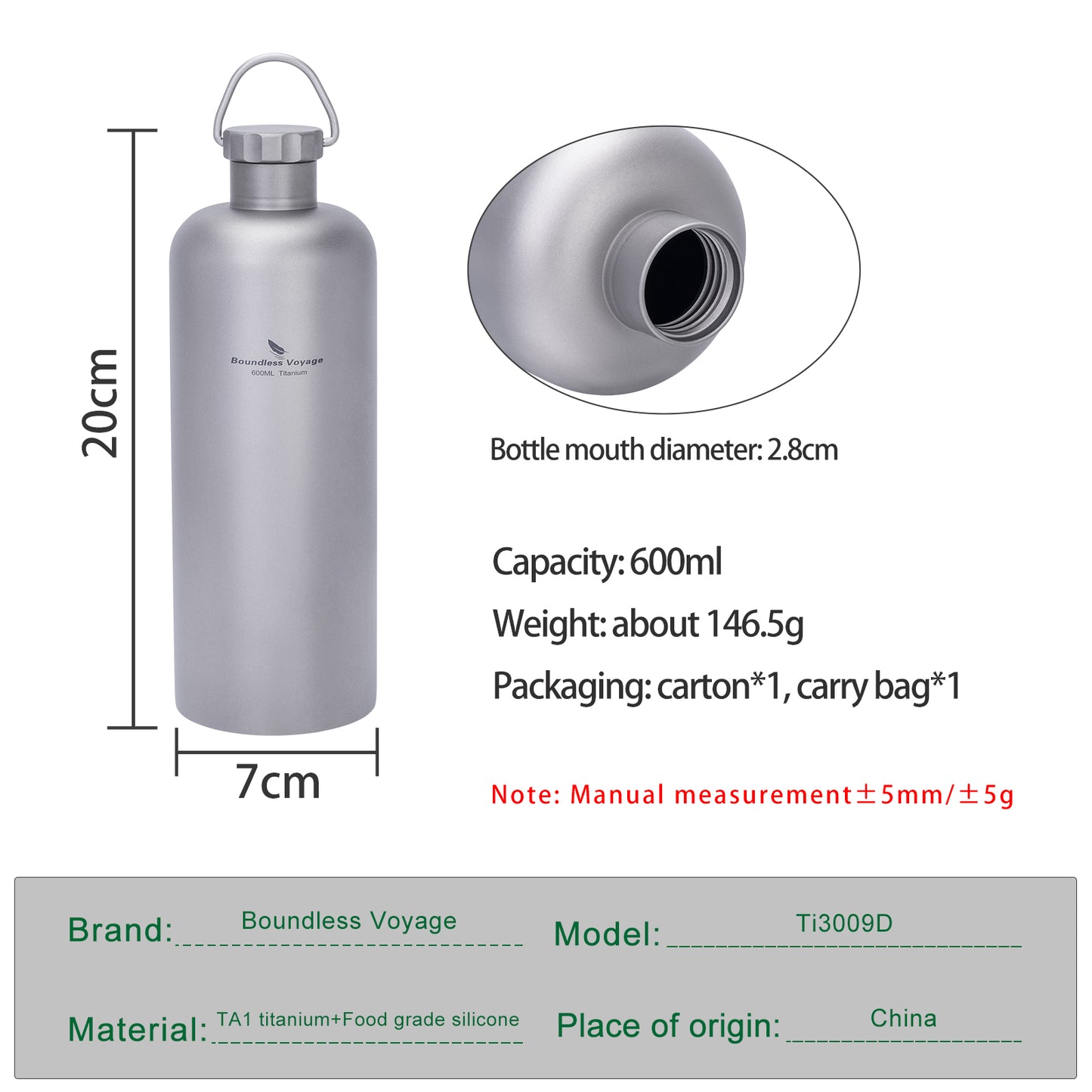 Boundless Voyage Titanium Water Bottle 600ml Ultralight Leak-Proof Lid, Durable & Corrosion Resistant, for Hiking, Camping, Travel & Everyday Use Ti3009D