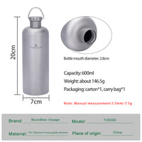 Boundless Voyage Titanium Water Bottle 600ml Ultralight Leak-Proof Lid, Durable & Corrosion Resistant, for Hiking, Camping, Travel & Everyday Use Ti3009D