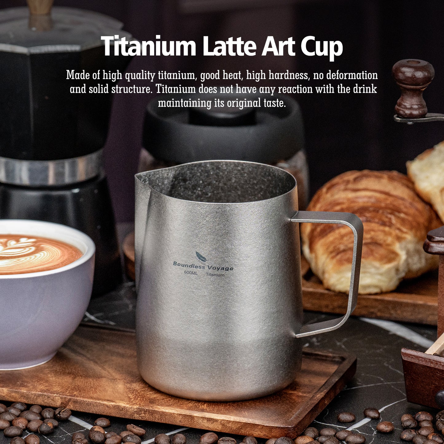 Boundless Voyage 600ml Pure Titanium Milk Frothing Pitcher, Espresso Steam Jug with Round Spout, Barista Latte Art Coffee Cup Ti3239D