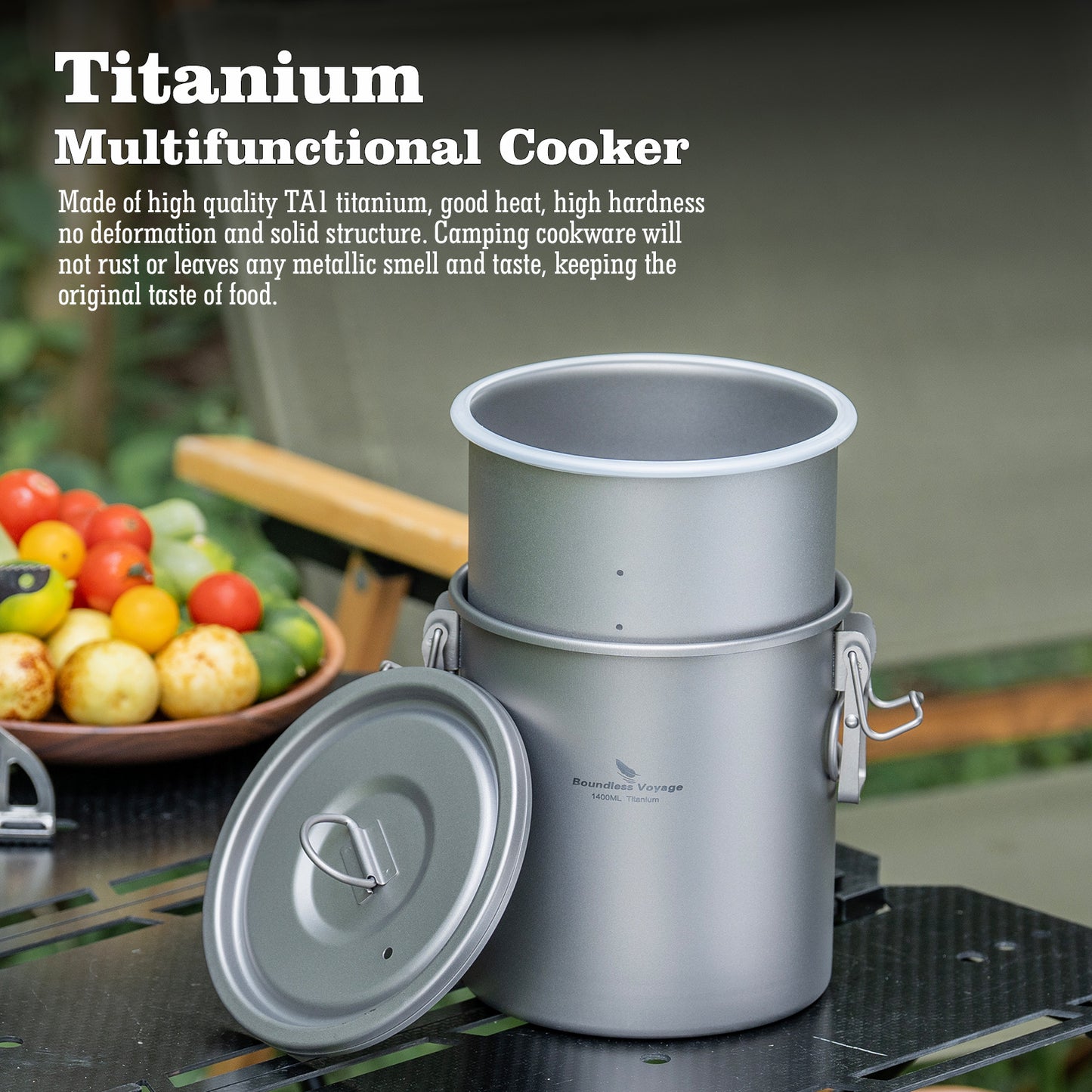 Boundless Voyage Sandblasted Matte Finish Ultralight Titanium Camping Rice Cooker Pot, 1.4L Outer Pot with 0.9L Inner Container, Portable Cookware for Hiking, Travel & Outdoor Camping Ti2093C