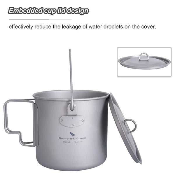 Boundless Voyage 1100ml Pure Titanium Hanging Pot with Lid | 37oz Ultralight Single-Wall Bushcraft Cookpot with Bail & Foldable Handle, Compatible with Open Fire & Camping Stove Ti3041D
