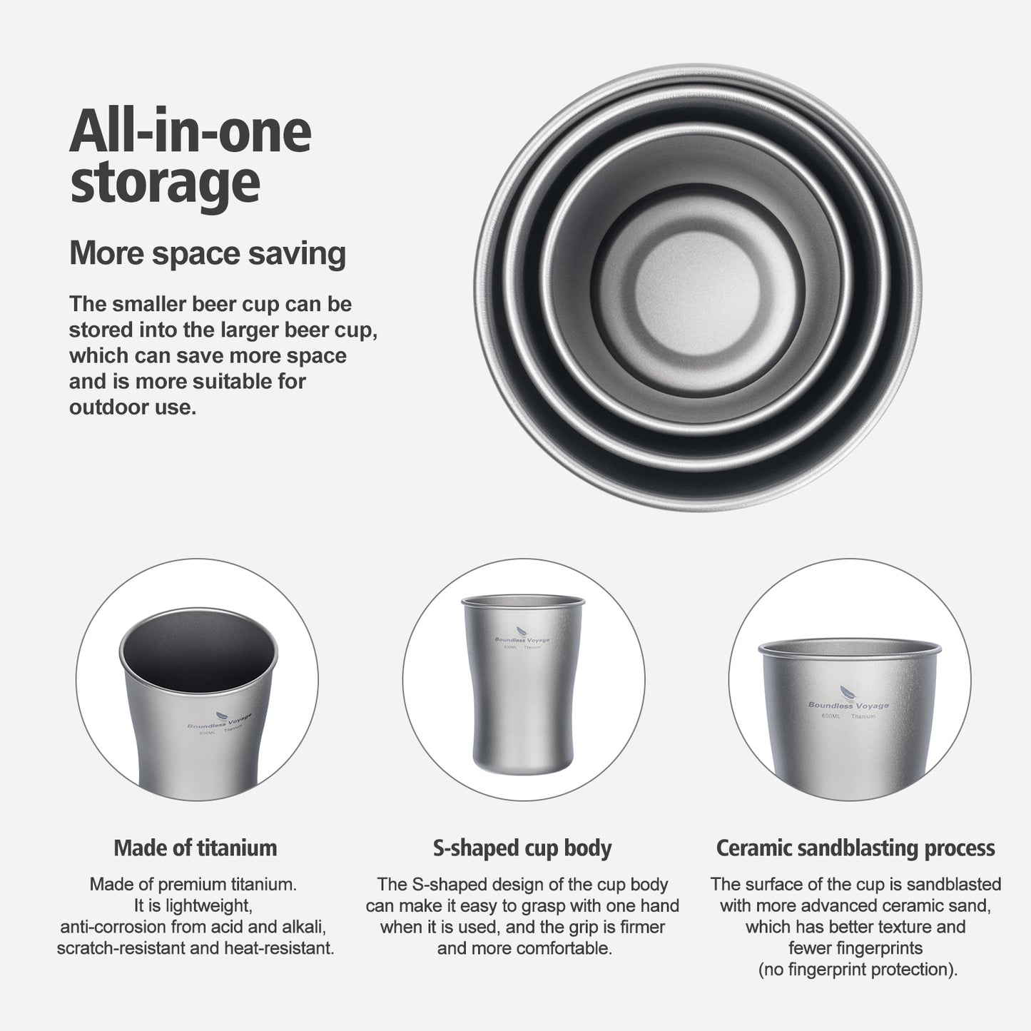 Boundless Voyage 240ml/380ml/600ml Pure Titanium Beer Mug | Ultralight Coffee & Juice Tea Cup for Outdoor Camping & Picnic Ti3231D-Ti3234D