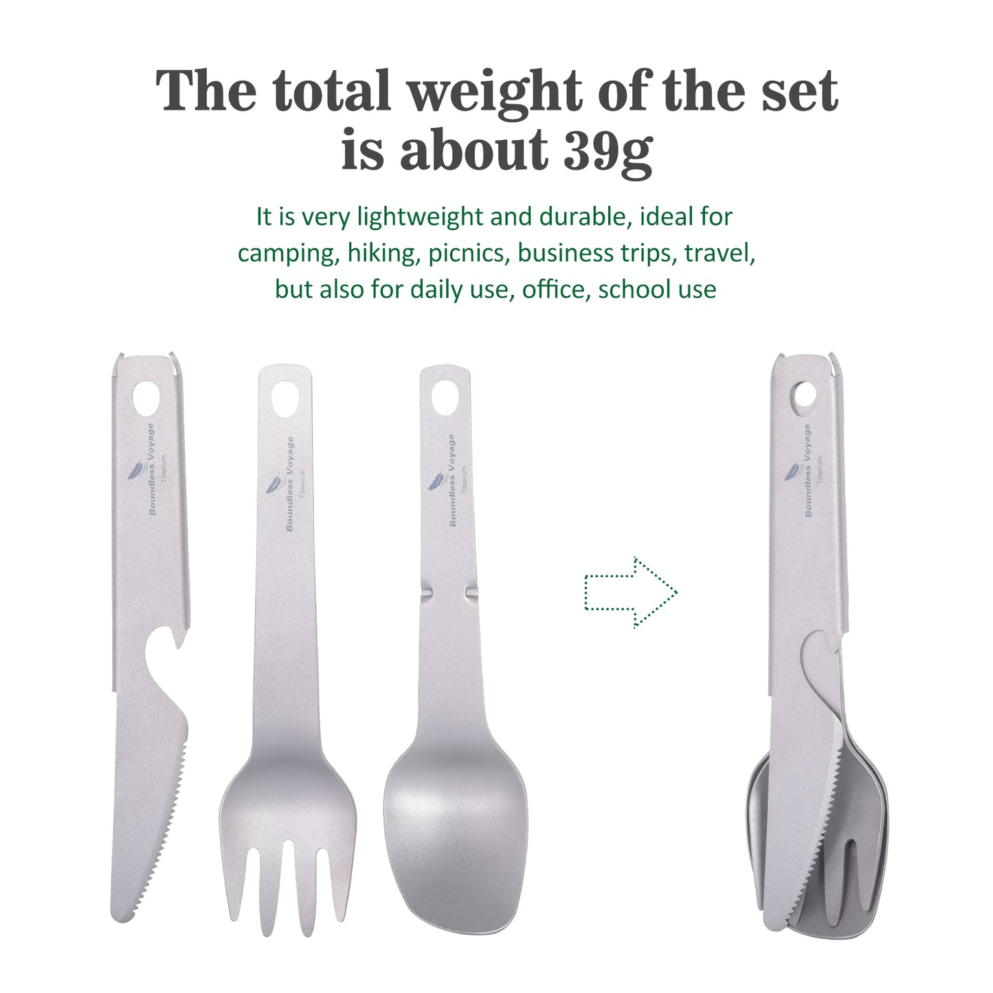 Boundless Voyage Titanium Tableware Set, Lightweight Portable Reusable Flatware with Knife Fork Spoon & Bottle Opener, Utility Cutlery for Outdoor Camping Travel Ti1077T