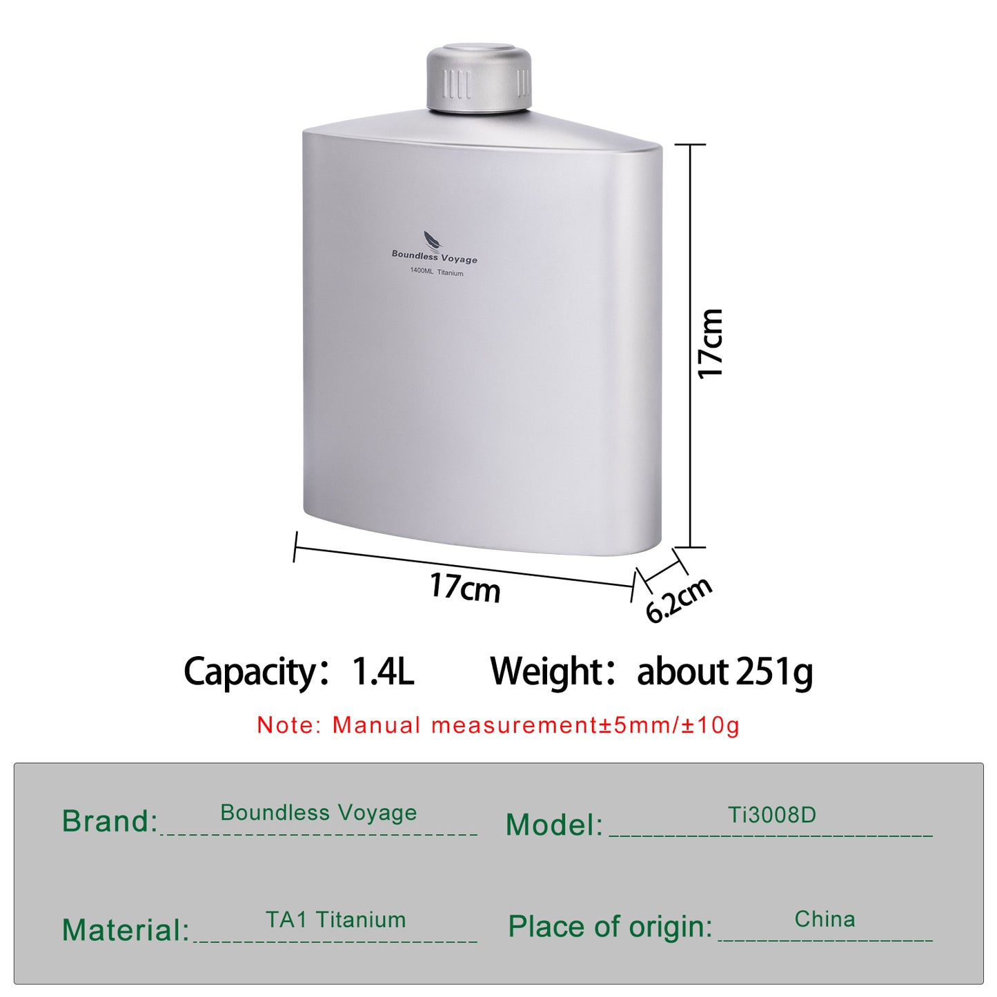 Boundless Voyage Titanium 1400ML Big Capacity Water Bottle