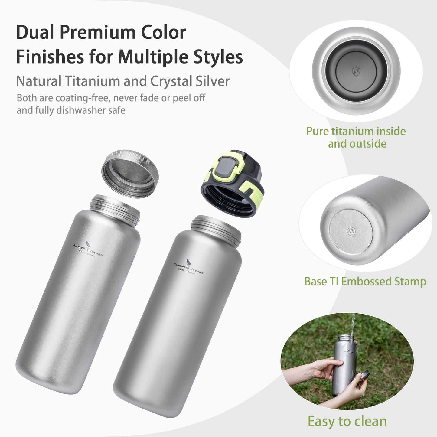 Boundless Voyage 950ml Titanium Water Bottle with Dual Lids, Wide Mouth Single-Wall Canteen for Hiking Camping Sport Ti3018D