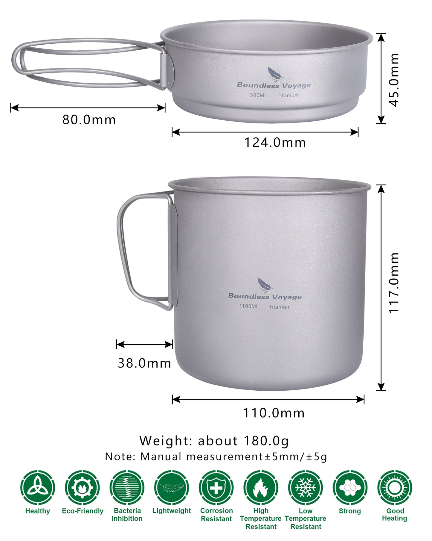 Boundless Voyage Titanium Pot & Pan Set with Folding Handle, Portable Outdoor Mess Kit Cookware for Camping Hiking Picnic Ti2053C