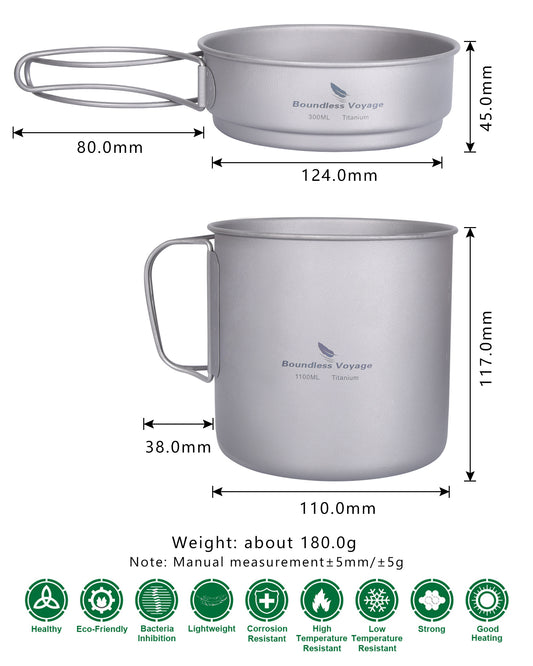 Boundless Voyage Ultralight Titanium Pot & Pan Set, 1100ml Pot + 300ml Pan with Folding Handle, Portable Outdoor Mess Kit for Camping Hiking Picnic Ti2053C