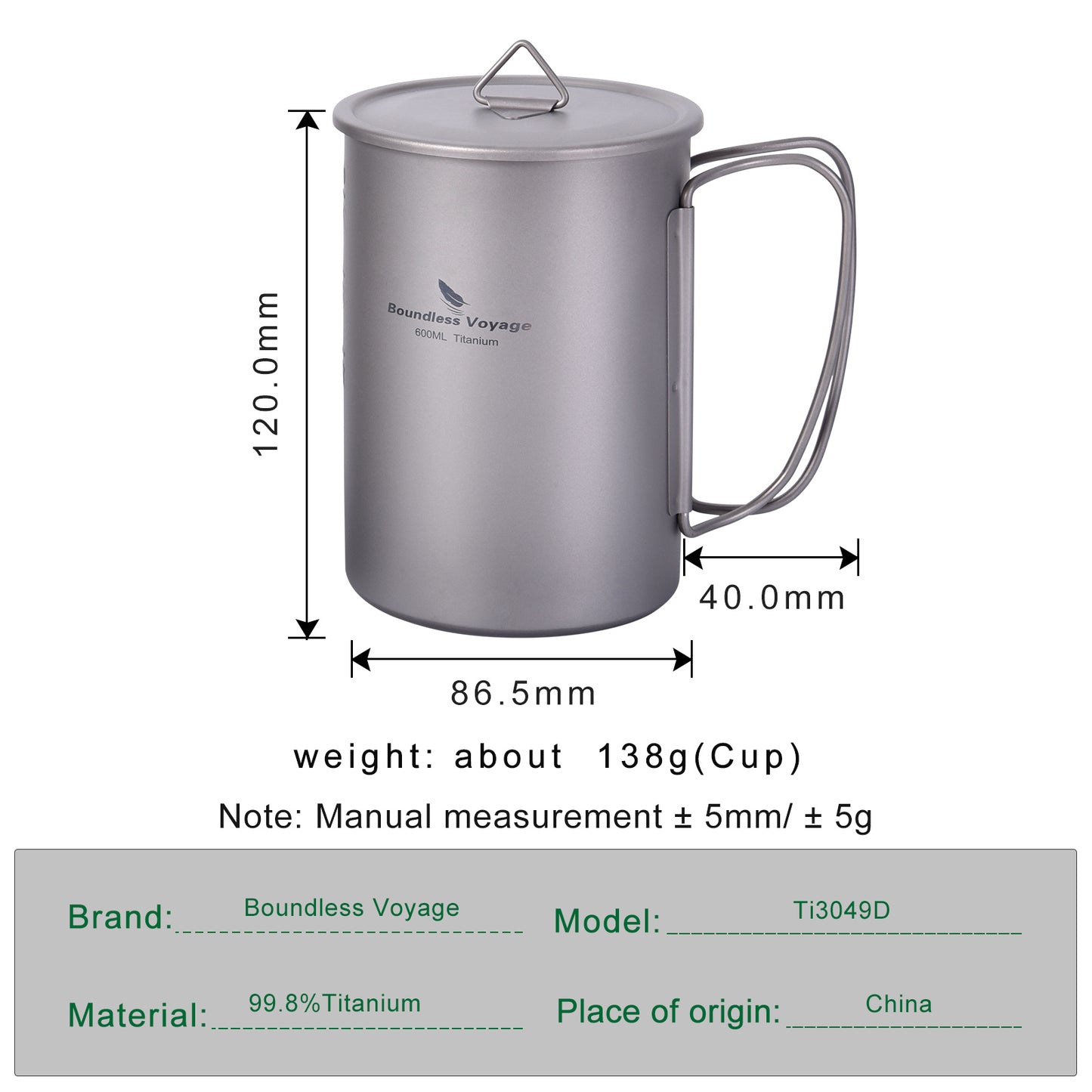 Boundless Voyage Pure Titanium Cup with Flat Lid | Ultralight Portable Coffee Tea Wine Mug, Outdoor Tableware for Backpacking Hiking Camping Picnic Ti3049D