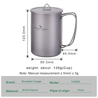 Boundless Voyage Pure Titanium Cup with Flat Lid | Ultralight Portable Coffee Tea Wine Mug, Outdoor Tableware for Backpacking Hiking Camping Picnic Ti3049D
