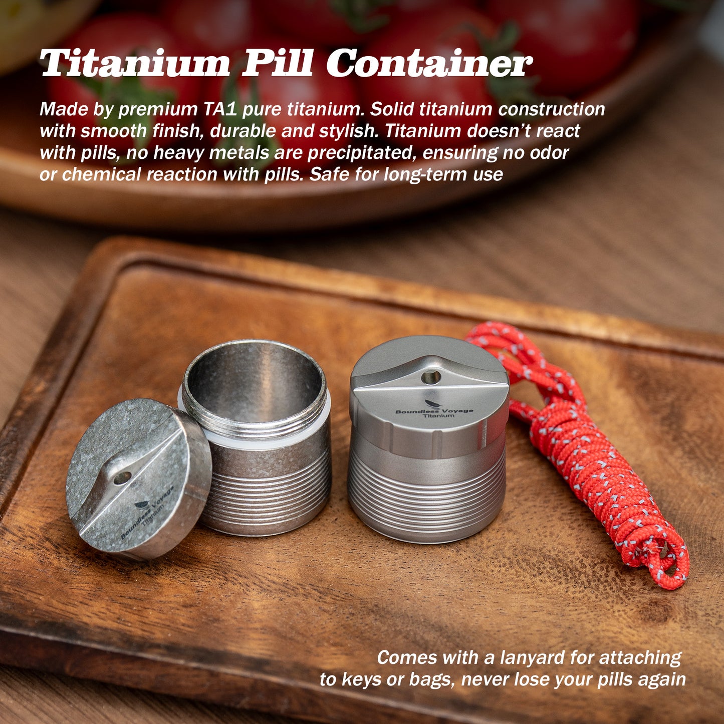 Boundless Voyage Titanium Pill Container, Waterproof Portable Pill Box, Lightweight Mini Pill Holder for Travel, Outdoor, Daily Use, Airtight Pill Case for Medication, Vitamins, Supplements, with Lanyard Ti9007O