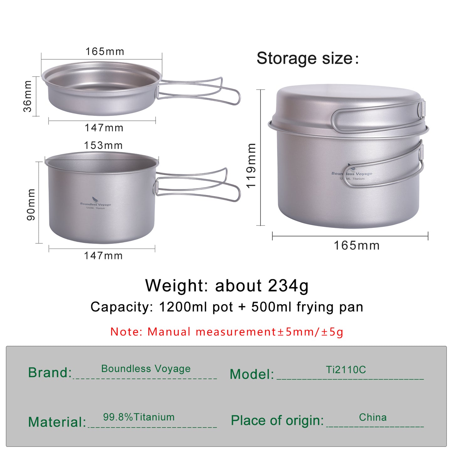 Boundless Voyage Outdoor Titanium Pot with Pan Set, Collapsible Folding Handle Portable Cookware for Camping Hiking Backpacking Cooking Ti2110C