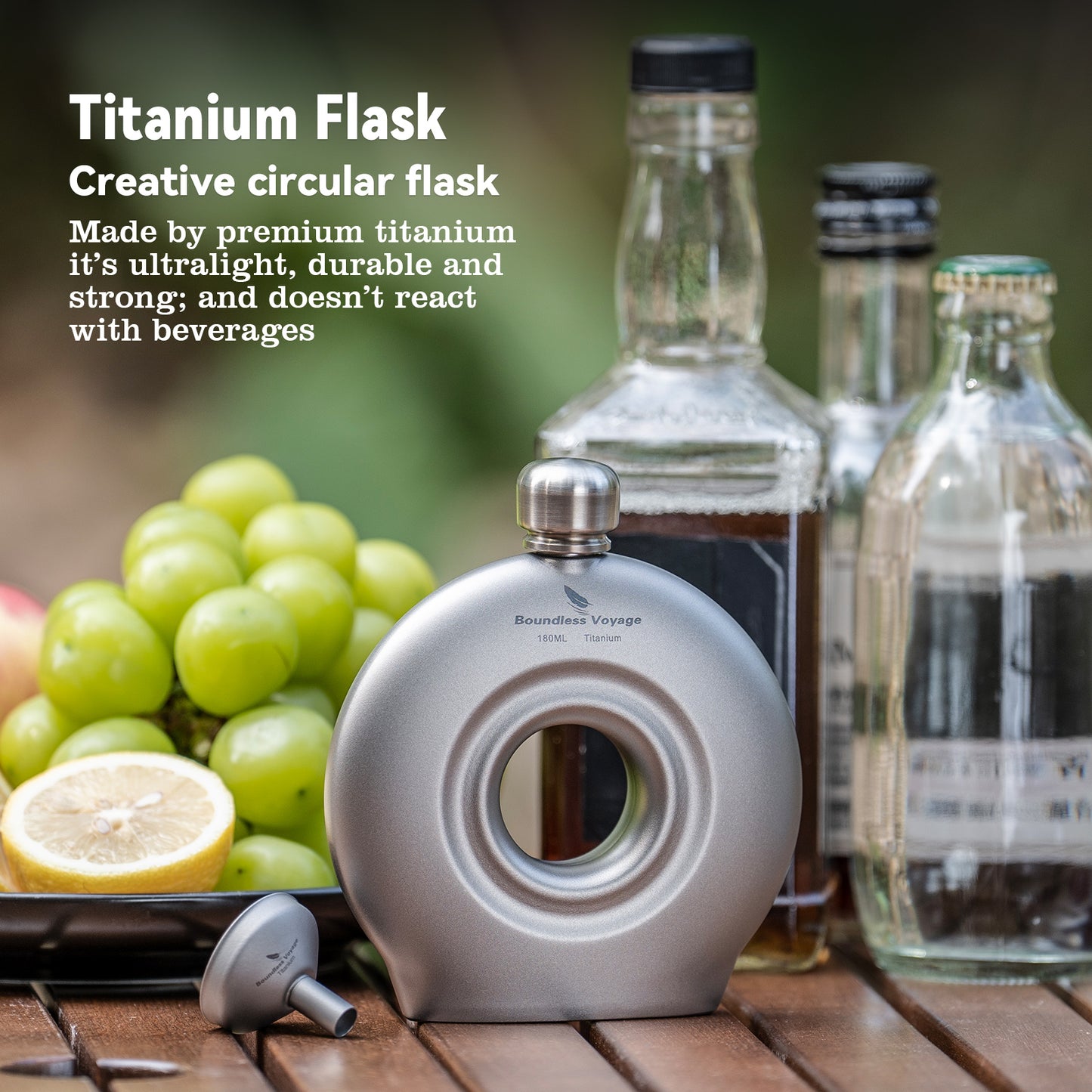 Boundless Voyage 180ml Titanium Hip Flask with Funnel Set Round Wine Bottle Special-shaped Small Pocket Flask Liquor Ti3067D