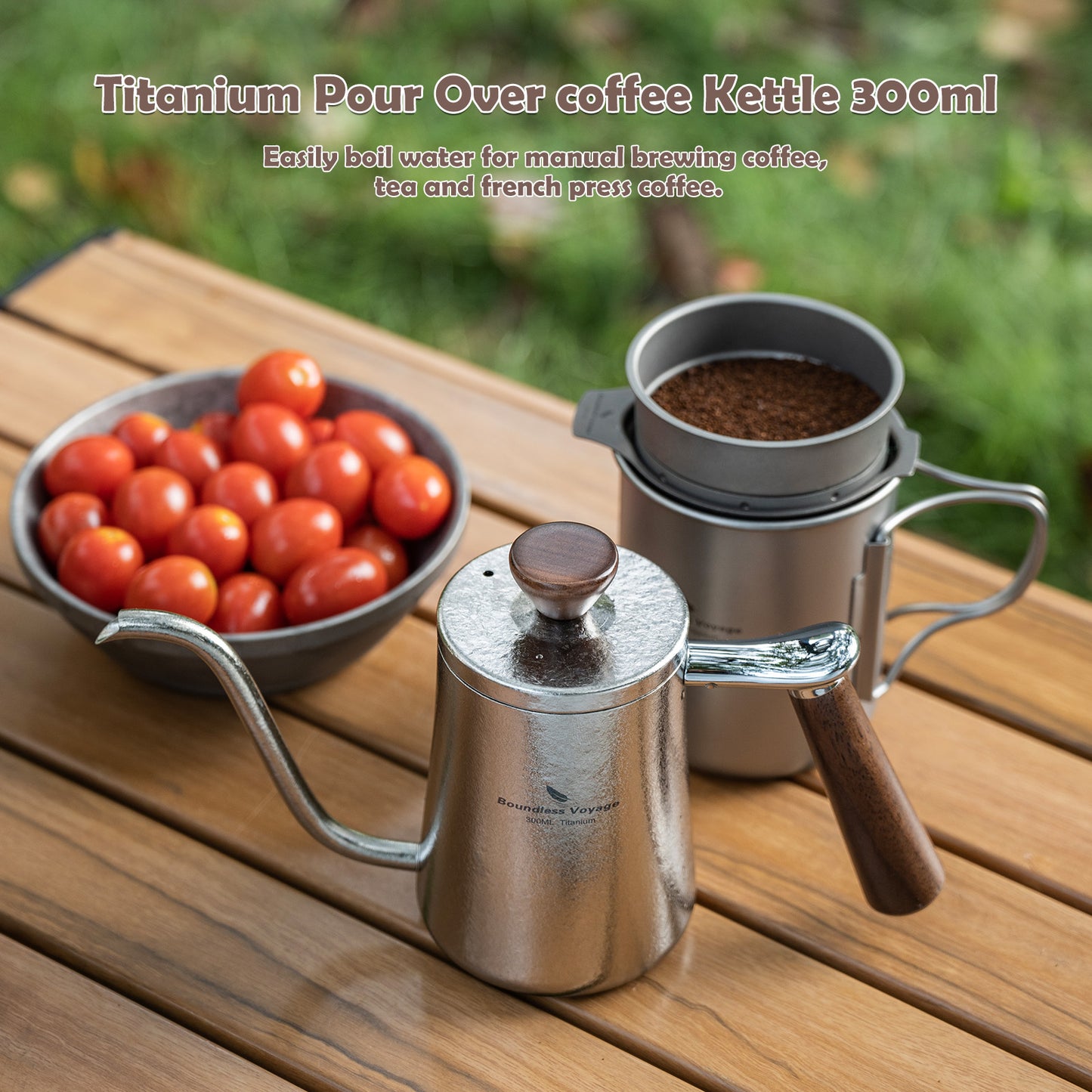 Boundless Voyage 300ml Titanium Pour Over Coffee Kettle with Wood Handle, Precision Gooseneck Spout Mini Coffee Tea Pot, Ultralight Portable Brew Gear for Home Barista, Office, Camping & Hiking Travel Ti3091D