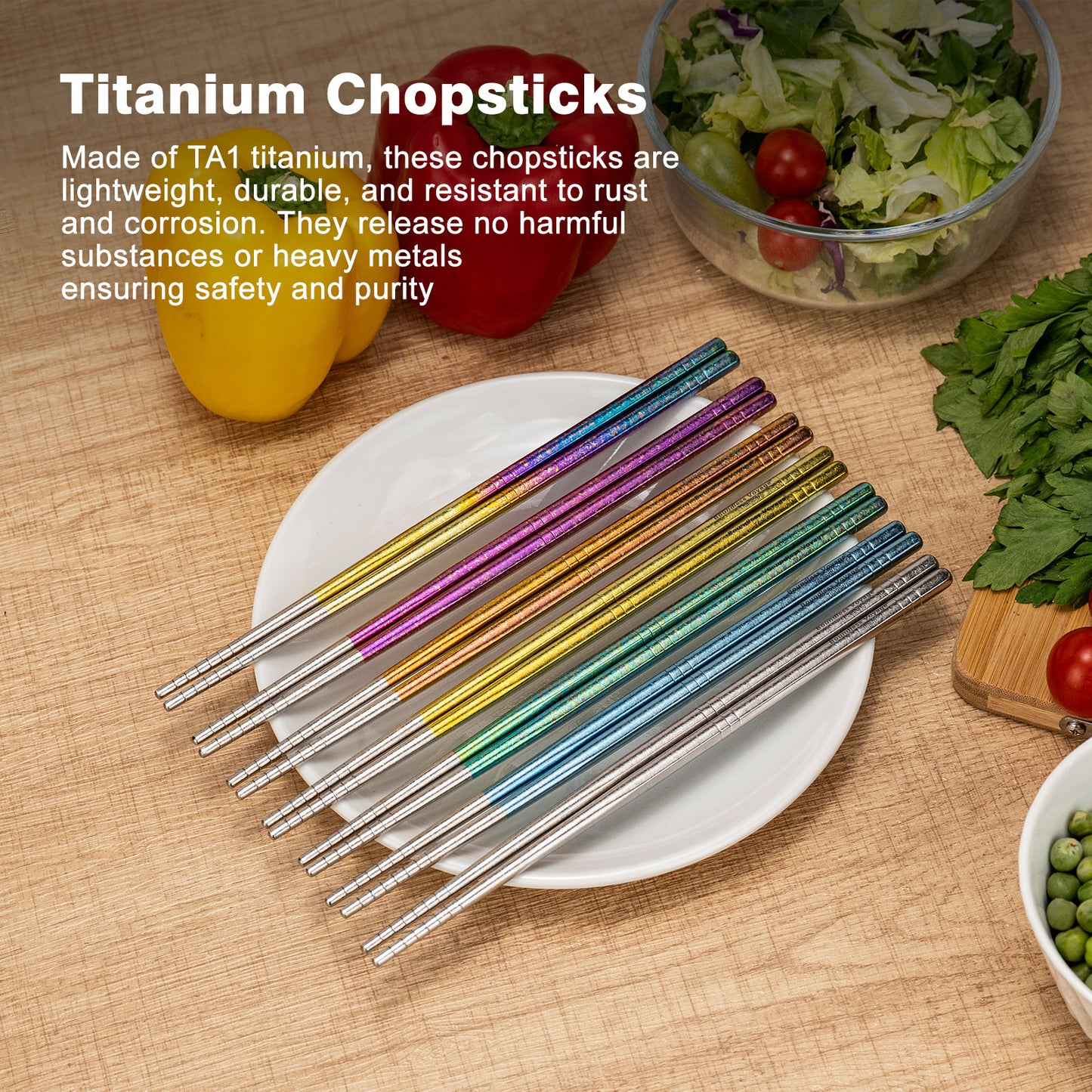 Boundless Voyage 8 Pairs Colorful Pure Titanium Chopsticks | Ultralight Non-Slip Reusable Tableware for Rice, Noodles, Tofu & Meatballs, Camping, Hiking & Daily Home Use Ti1006T
