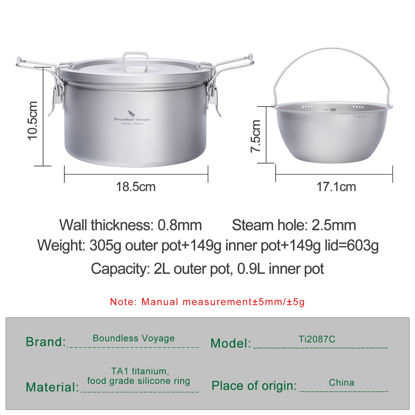 Boundless Voyage Titanium Pot Multifunctional Rice Cooker 2L+0.9L Pot Set Ultralight Outdoor Camping Cookware Ti2087C