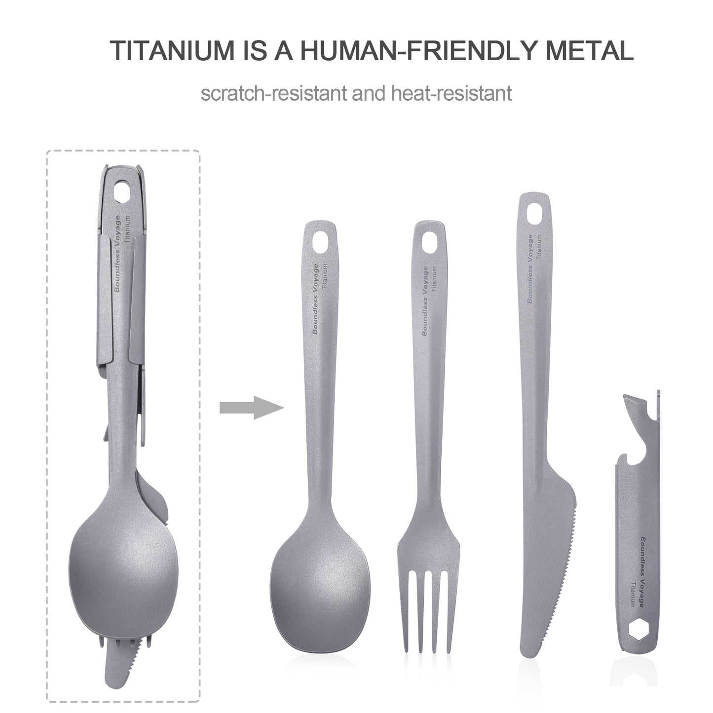 Boundless Voyage Utility Titanium Cutlery Set, Spoon Fork Knife with Built-In Bottle Opener, Portable Travel Camping Tableware with Easy Storage Cloth Case Ti1066T