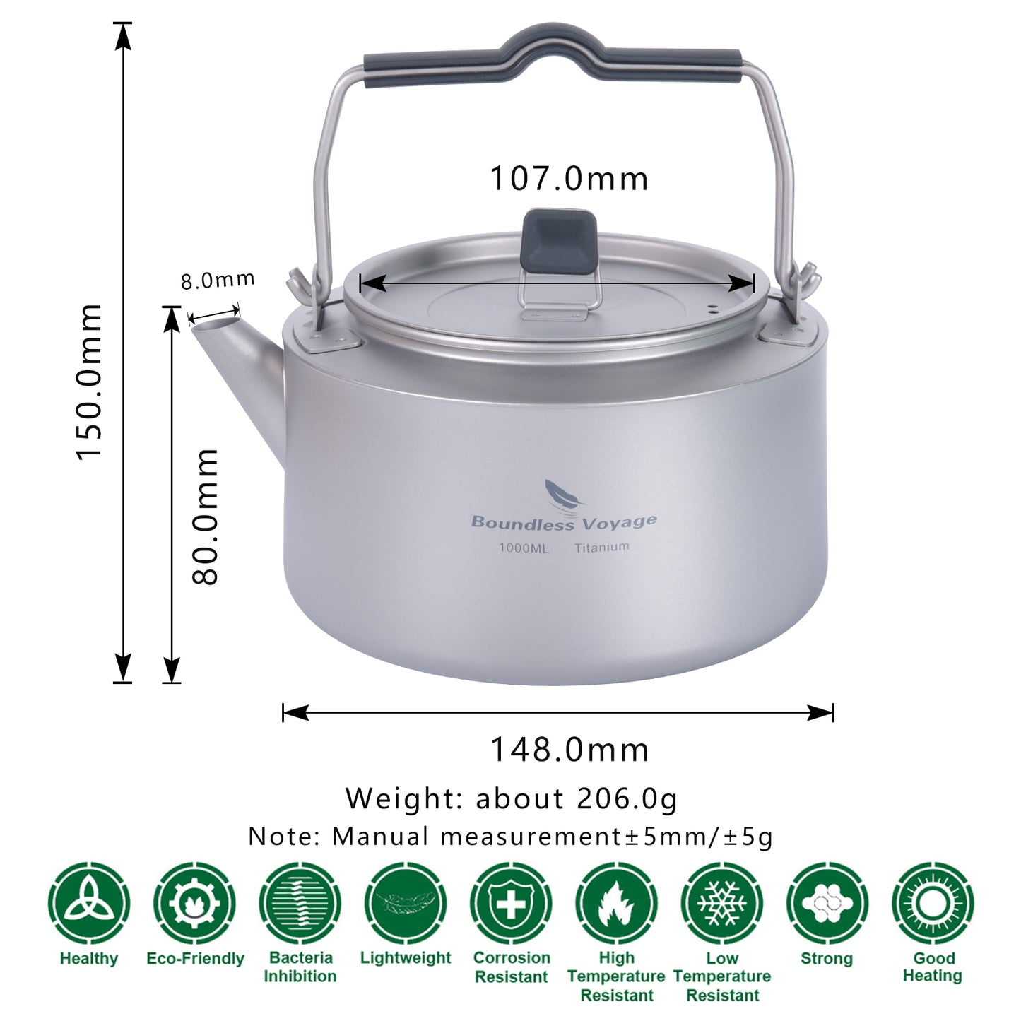 Boundless Voyage 1L Pure Titanium Camping Kettle | Ultralight Coffee Teapot with Foldable Handle & Tea Filter for Boiling Water, Coffee & Tea Ti3098D
