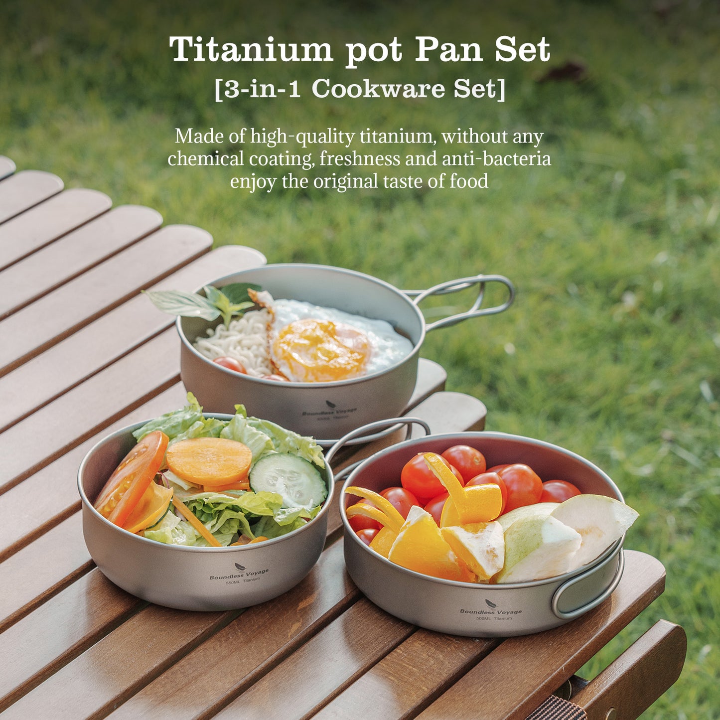 Boundless Voyage 3Pcs Pure Titanium Cookware Set, Ultralight Outdoor Camping Bowl & Frying Pan Mess Kit 500ml/550ml/650ml for Picnic Backpacking Ti2031C