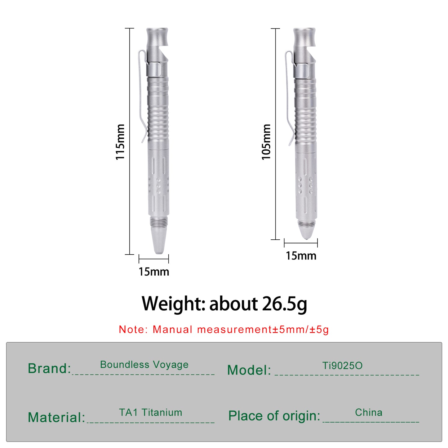 Boundless Voyage Titanium Multifunctional Pen 3-in-1 Outdoor Whistle + Car Window Breaker + Survival Self-Defense Tool Ti9025O
