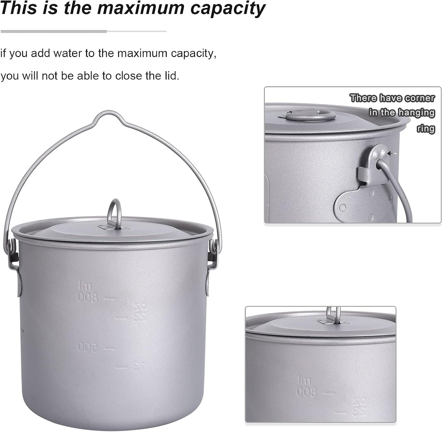 Boundless Voyage 1100ml Titanium Pot with Lid, Foldable Bail Handle Camping Cook Pot for Hiking Backpacking Ti3041D