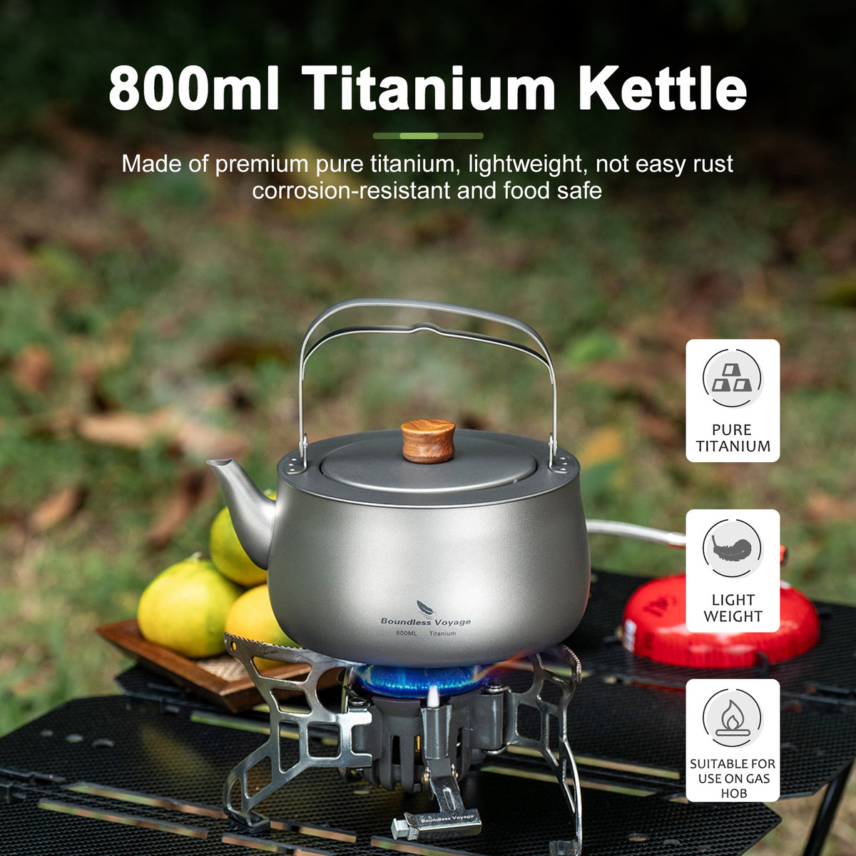 Boundless Voyage Titanium Camping Kettle 800ml with Folding Handle for Outdoor Camping Ti3130D