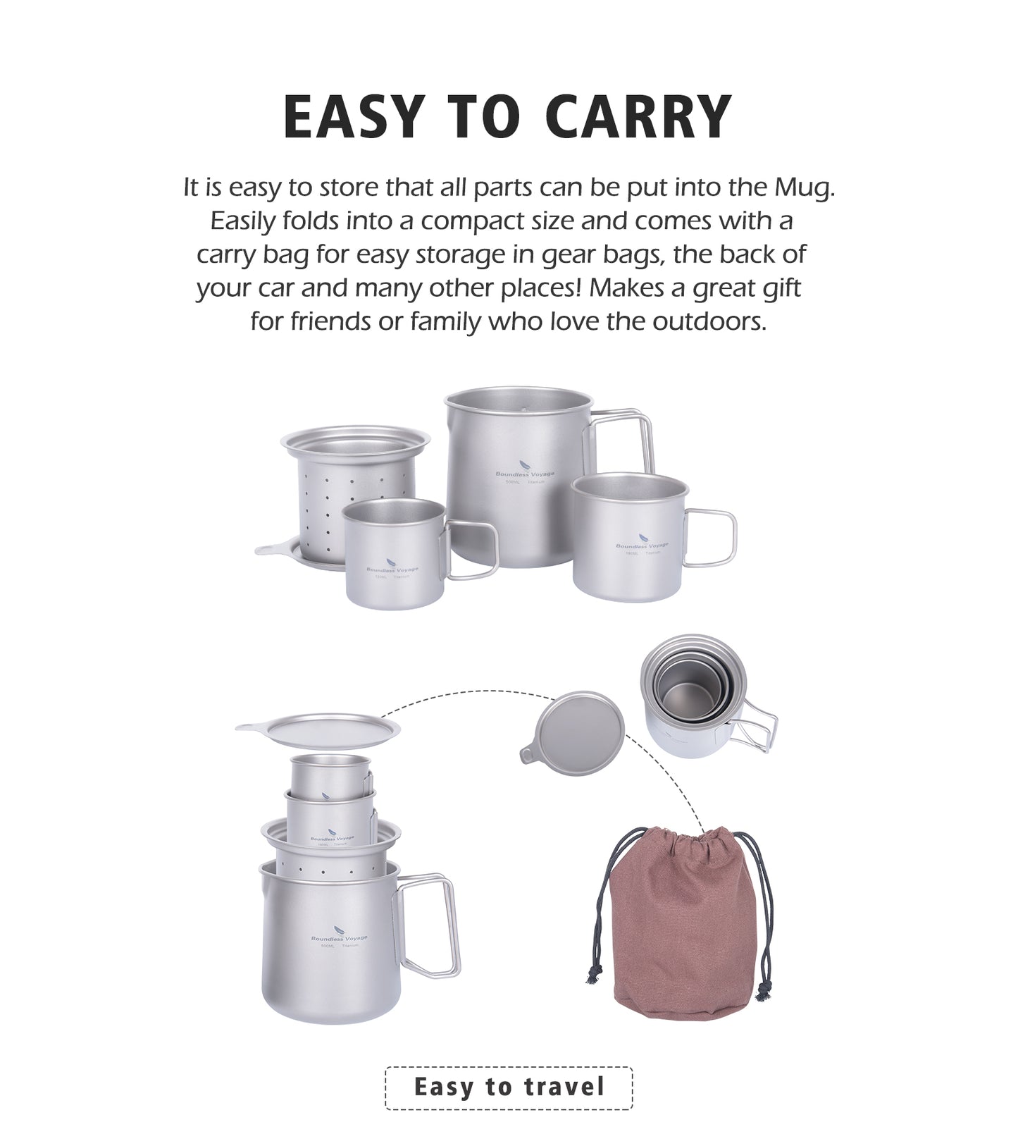 Boundless Voyage Ultralight Titanium Camping Pot Set, 500ml Mug with Portable Foldable Handles & 2pcs Small Cups, Outdoor Cookware for Hiking Backpacking Travel Ti3127D
