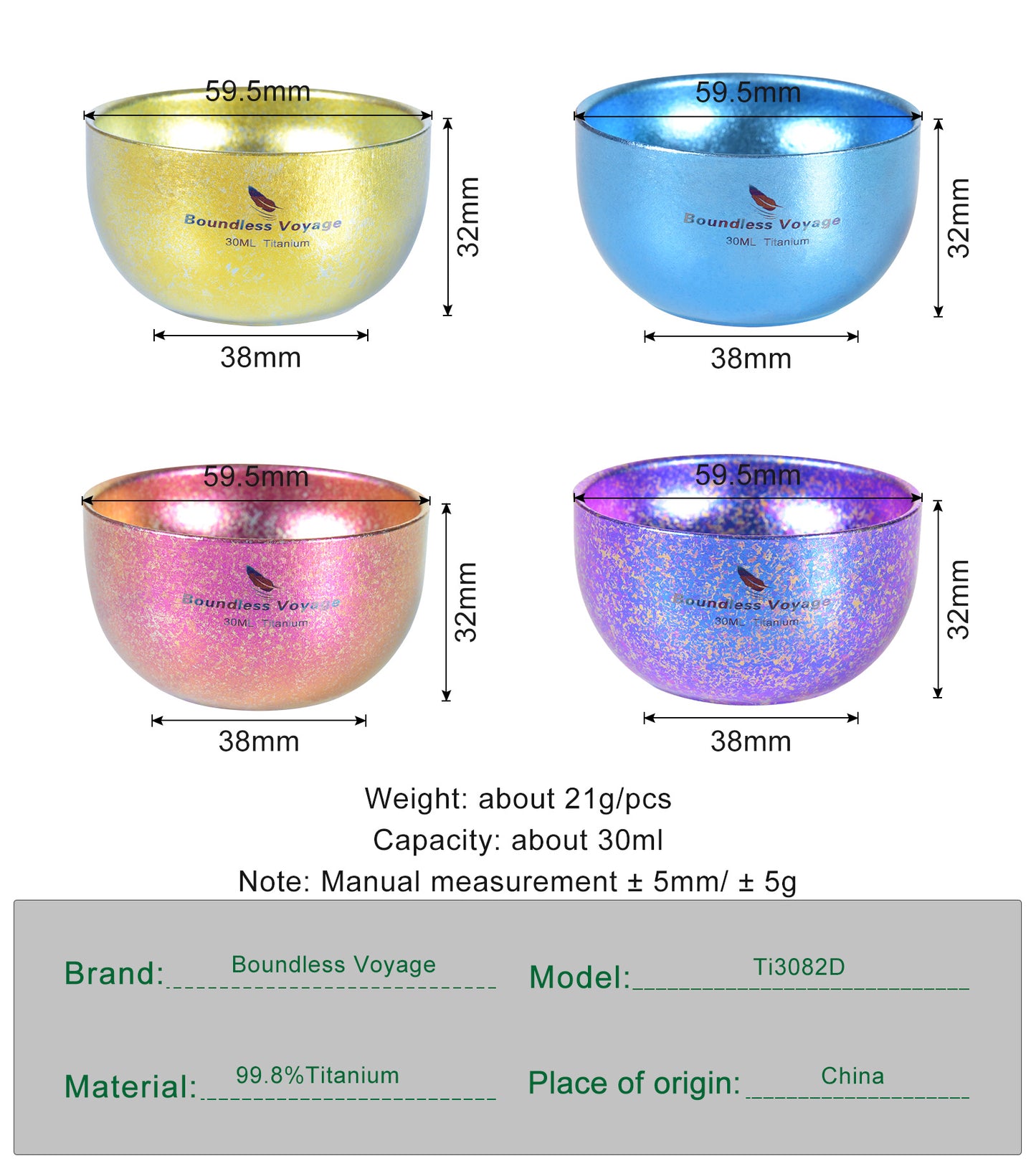Boundless Voyage 30ml Double Wall Colorful Titanium Tea Cup, Anti-Scald Wide Mouth Mini Mug for Tea Wine Travel Camping Ti3082D