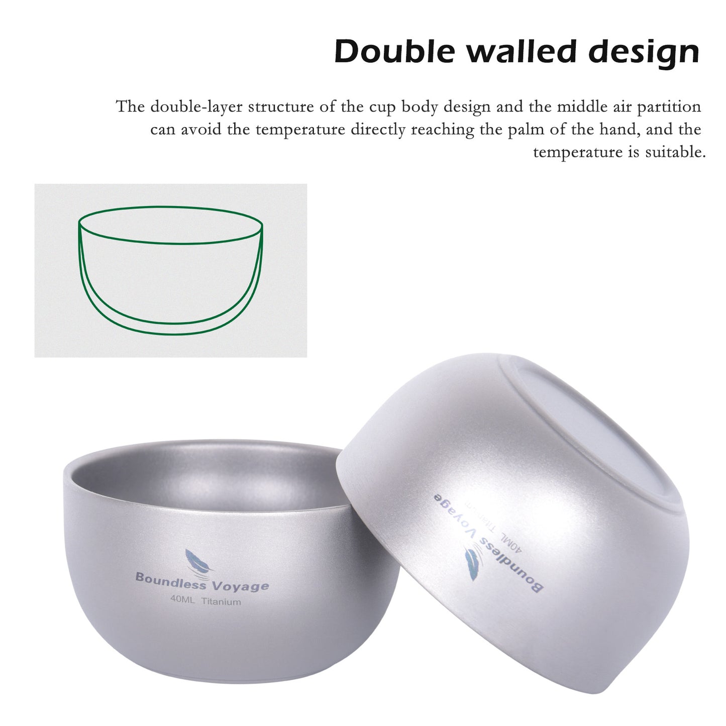 Boundless Voyage 40ml Sandblasted Matte Finish Double-Wall Titanium Sake Cup & Kung Fu Tea Cup, Portable Mini Mug for Camping, Picnic & Daily Home Use Ti3204D