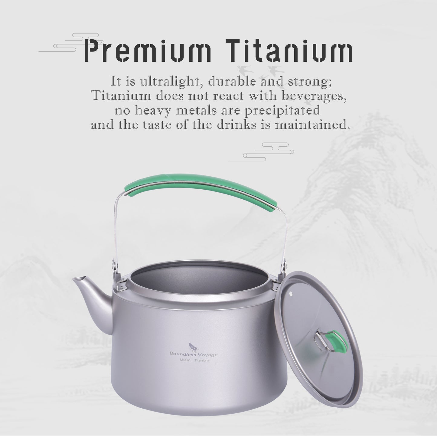 Boundless Voyage 800ml / 1200ml Single-Layer Pure Titanium Kettle with Foldable Handle & Filter, Large Capacity Camping Teapot Ti3101D/Ti3102D