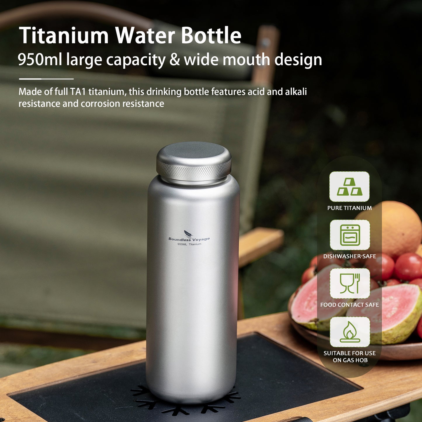 Boundless Voyage 950ml Titanium Water Bottle with Dual Lids, Wide Mouth Single-Wall Canteen for Hiking Camping Sport Ti3018D