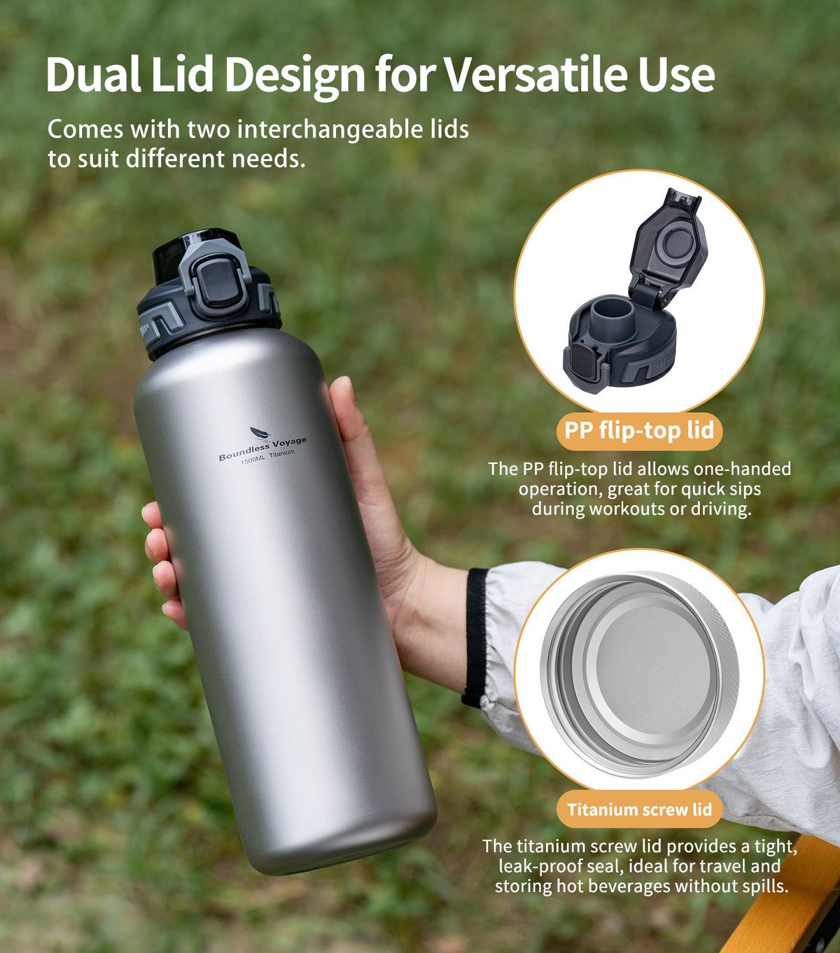 Dual lid design showing interchangeable PP flip-top lid and leak-proof titanium screw cap