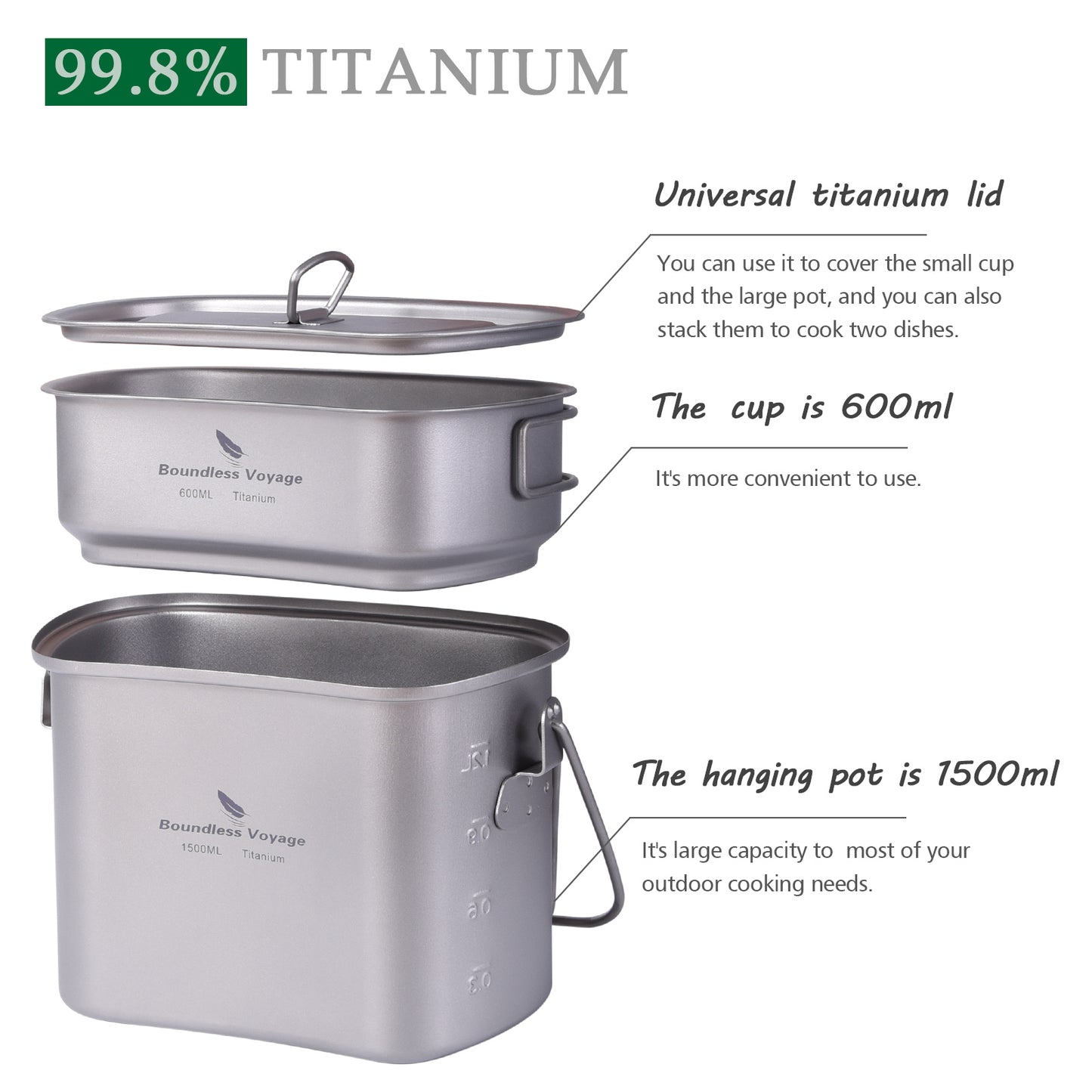 Boundless Voyage Titanium Hanging Cookware Set, 1500ml Pot + 600ml Cup with Lid & Foldable Handles, Ultralight Portable Outdoor Camping Mess Kit Ti2059C