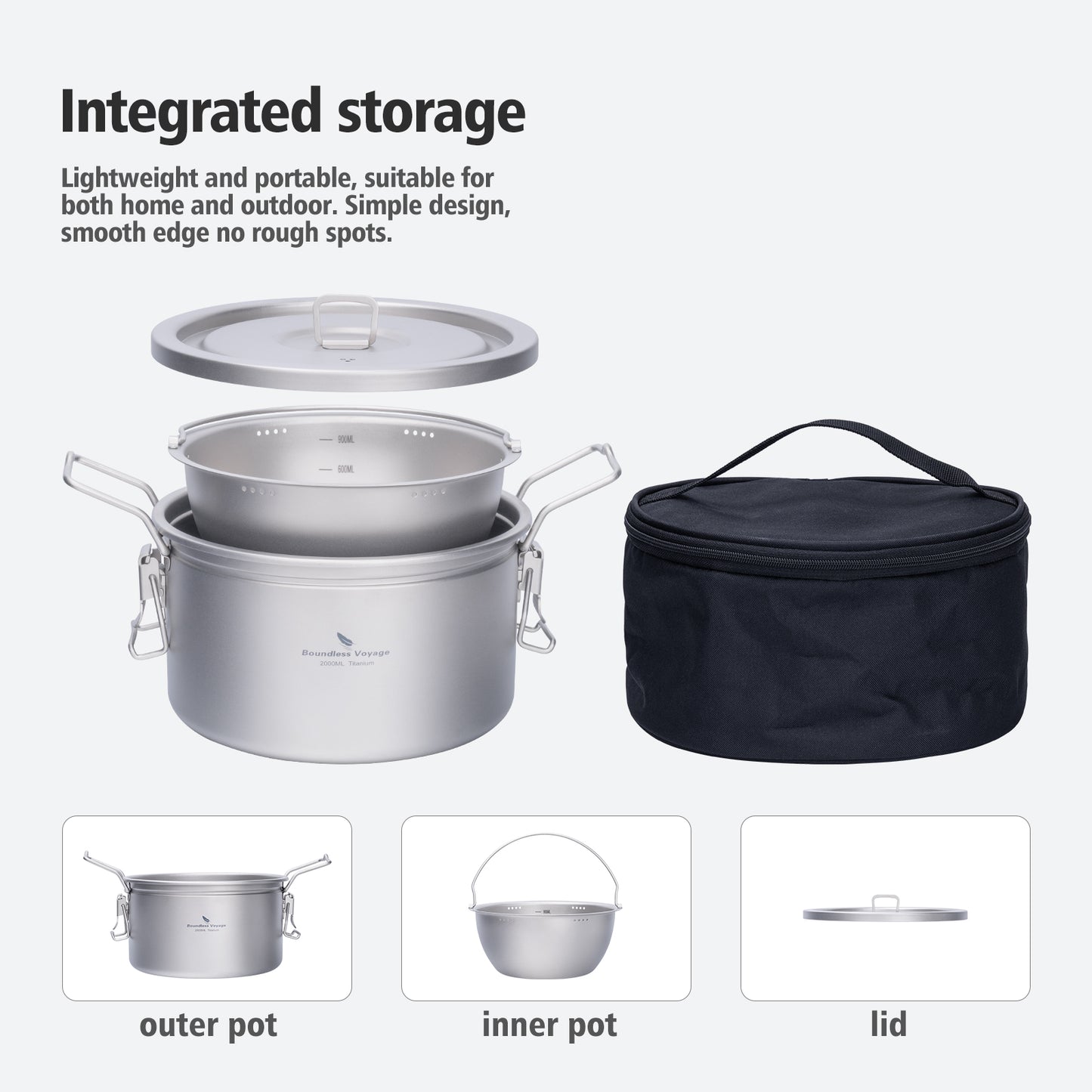 Boundless Voyage Titanium Pot Multifunctional Rice Cooker 2L+0.9L Pot Set Ultralight Outdoor Camping Cookware Ti2087C