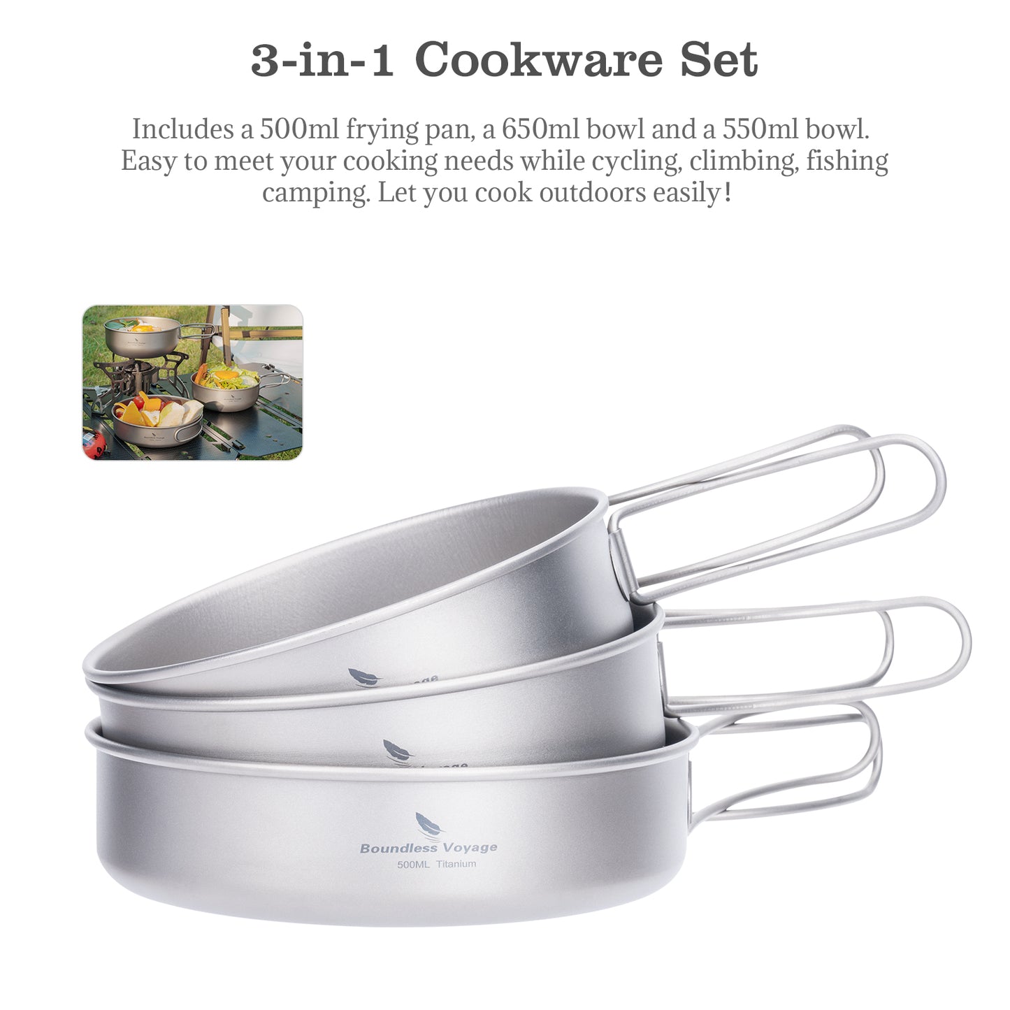 Boundless Voyage 3Pcs Pure Titanium Cookware Set, Ultralight Outdoor Camping Bowl & Frying Pan Mess Kit 500ml/550ml/650ml for Picnic Backpacking Ti2031C