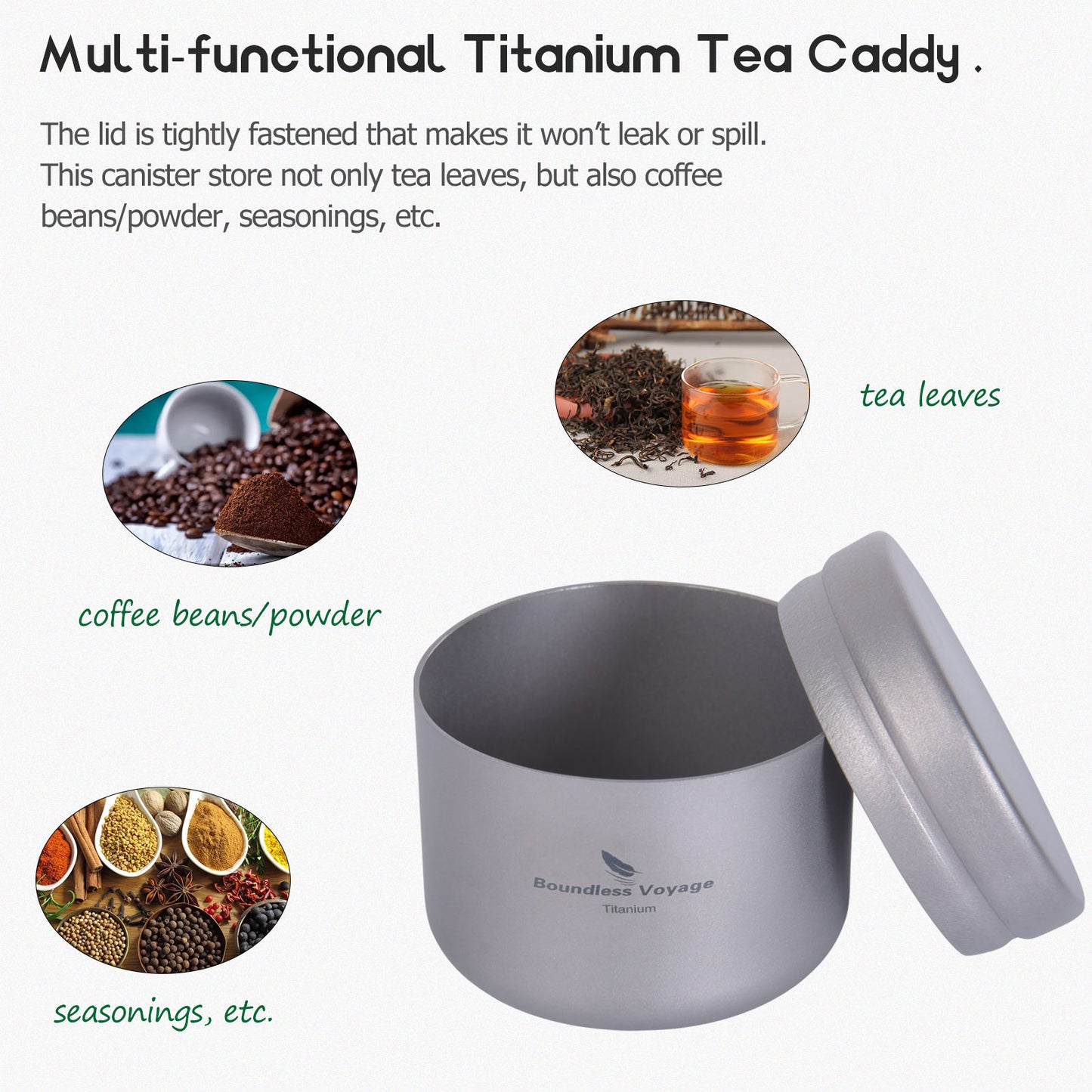 Boundless Voyage Titanium Tea Caddy Canister, Ultralight Portable Food Storage Container, Multi-Purpose Jar for Loose Tea, Coffee Beans, Spices, Nuts & Sugar, for Kitchen, Camping, Travel & Daily Use Ti3208D-Ti3210D