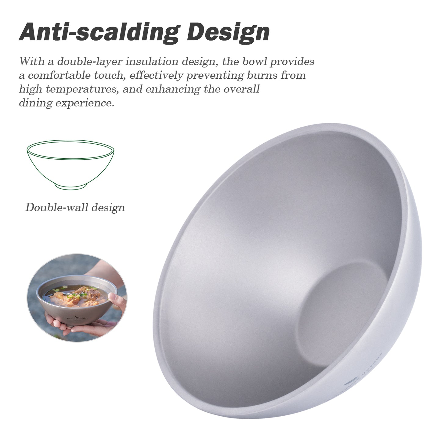 Boundless Voyage Titanium Double-Wall Bowl Set, 220ml & 450ml Nestable Anti-Scald for Family Camping Ti1085T Ti1086T