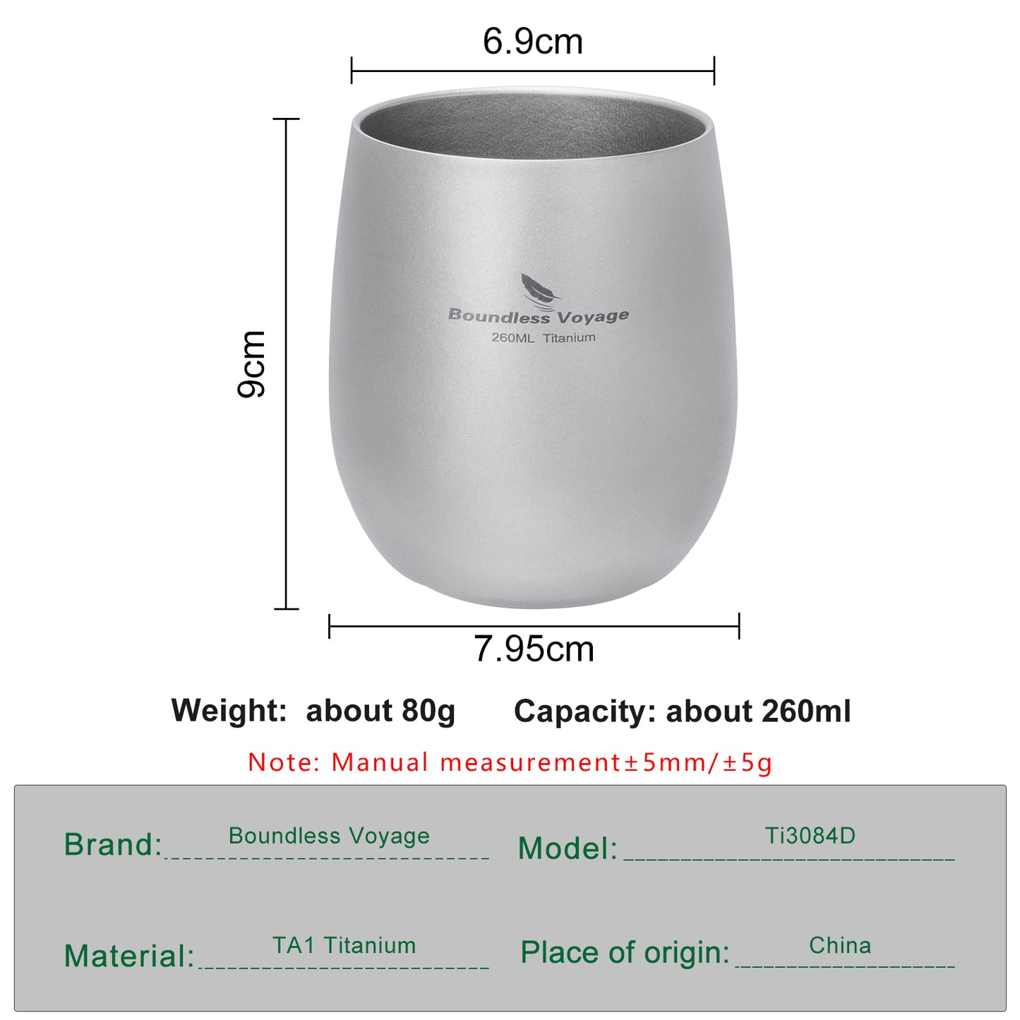 Boundless Voyage 260ML Titanium Double-Walled Egg Shaped Cup, Ice Crystal High-Temp Crystalline Texture Insulated Tea Coffee Mug, Ultralight Portable Drinkware for Camping, Travel & Daily Home Use Ti3084D