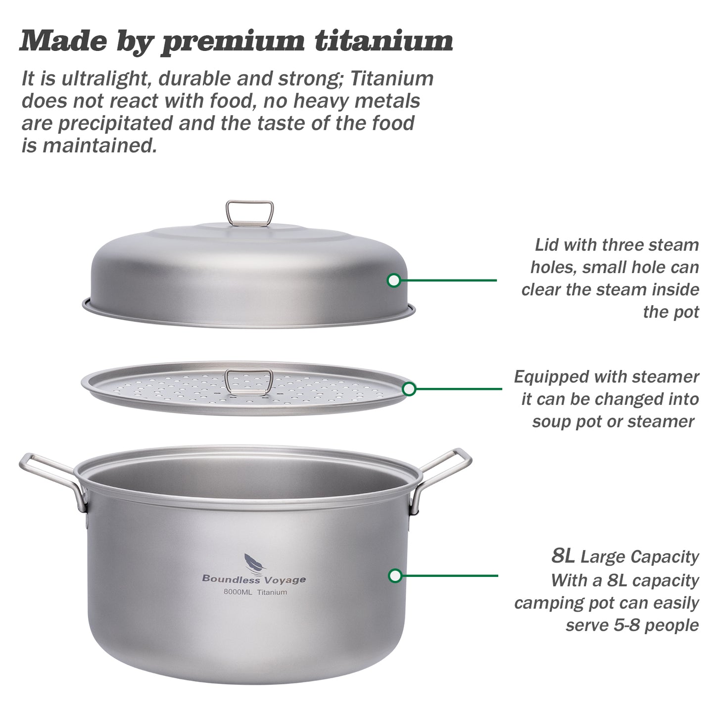 Boundless Voyage Titanium Steamer & Soup Hanging Pot, Lightweight Portable Cookware Kit for Outdoor Camping Hiking Picnic Travel & Household Kitchen Ti2115C