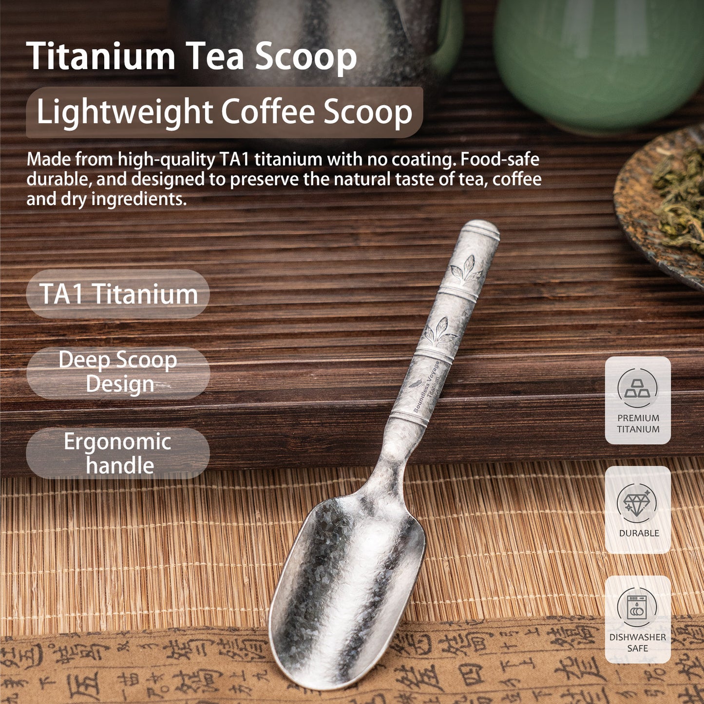 Boundless Voyage Titanium Tea Scoop, Lightweight Coffee Scoop for Camping Travel Home Outdoor Tableware with Carry Bag , Dishwasher Safe Ti1135T