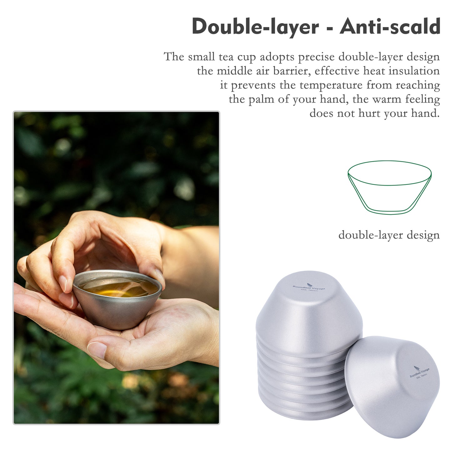 Boundless Voyage 30ml Titanium Double-Wall Tea Cup, Stackable Mini Cup for Tea Sake Camping Ti3083D